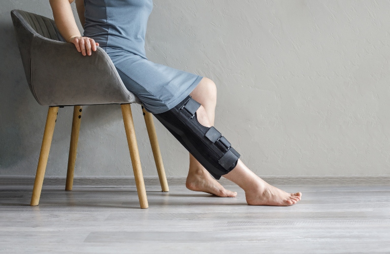 Female leg in knee brace