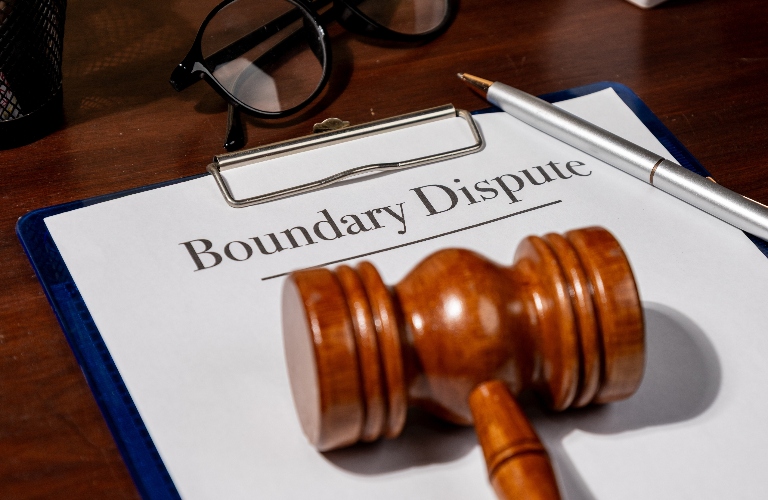 Boundary dispute document, judge's gavel and pen